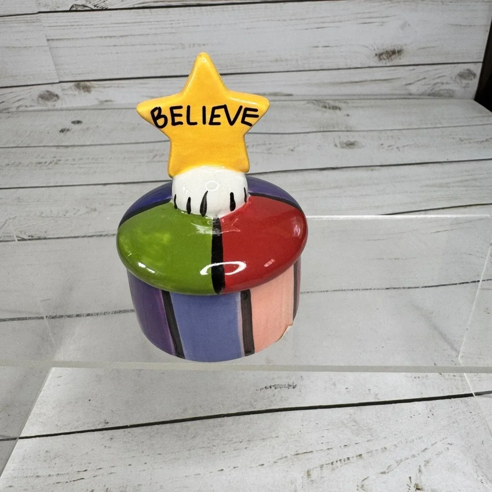 Colorful Ceramic Trinket Box Believe Star Lid Hand Painted Striped Heart Inside